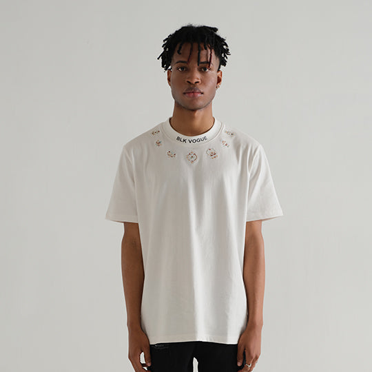 White Embroidery Neck Tee