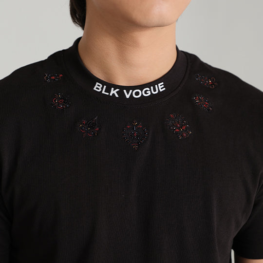 Black Embroidery Neck Tee