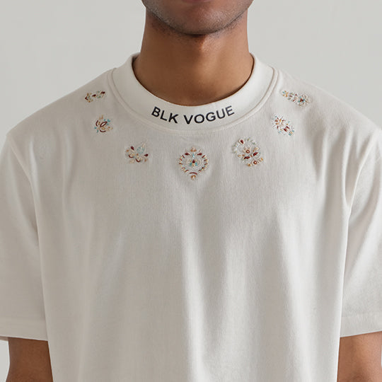 White Embroidery Neck Tee